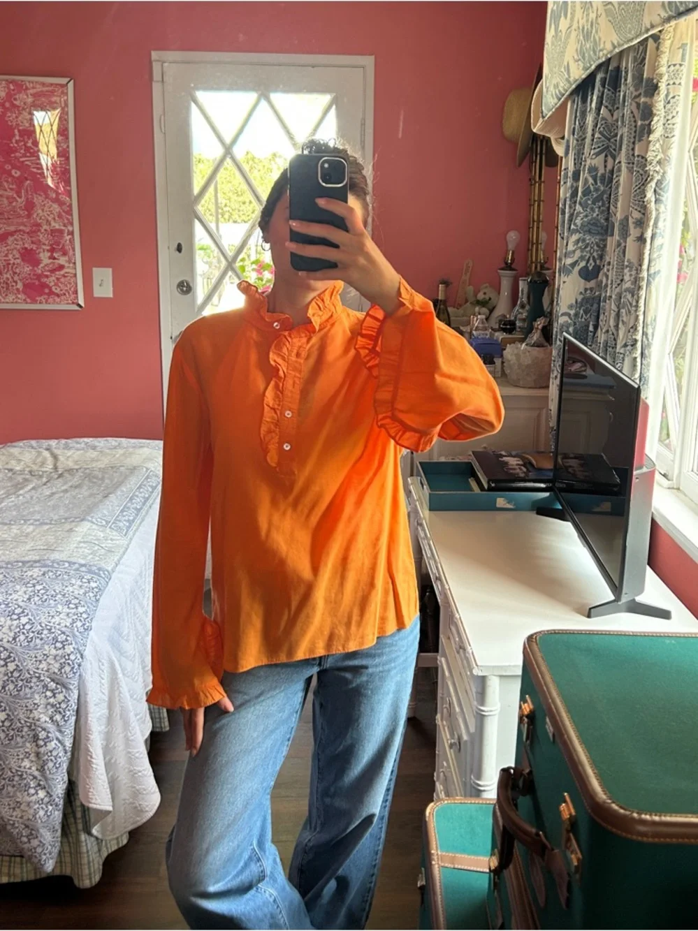Bright Orange Ruffle Button-Up Blouse